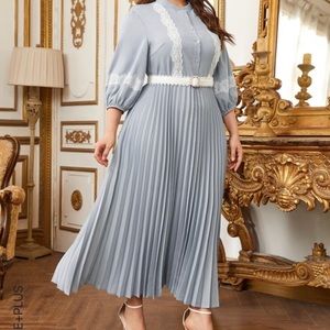 SHEIN Plus Contrast Lace Pleated Hem Shirt Dress Without Belt Color: Size: O Xl